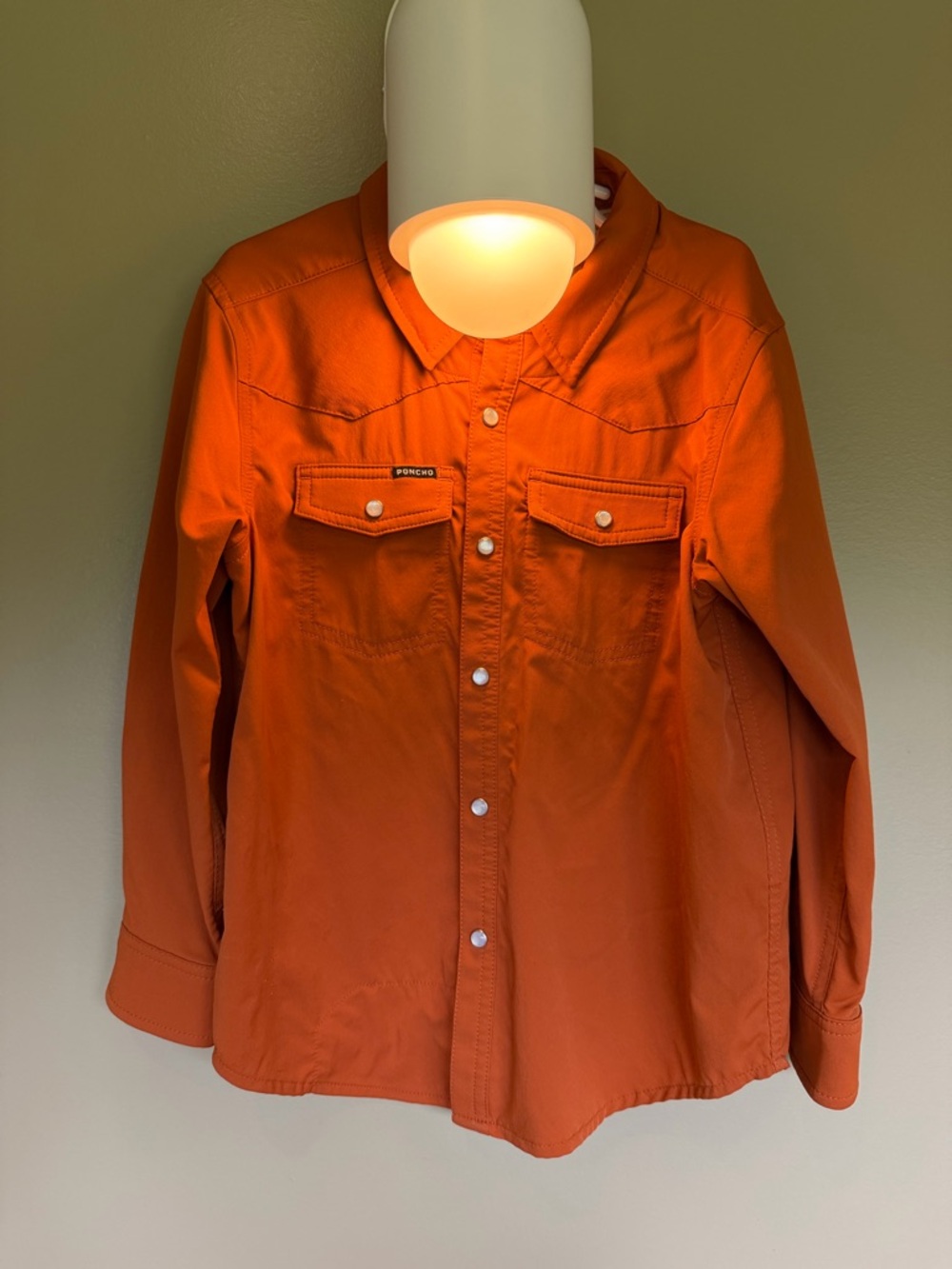 Kids “The Ricky” Poncho Orange Long-Sleeve Shirt, pearl snaps western shirt